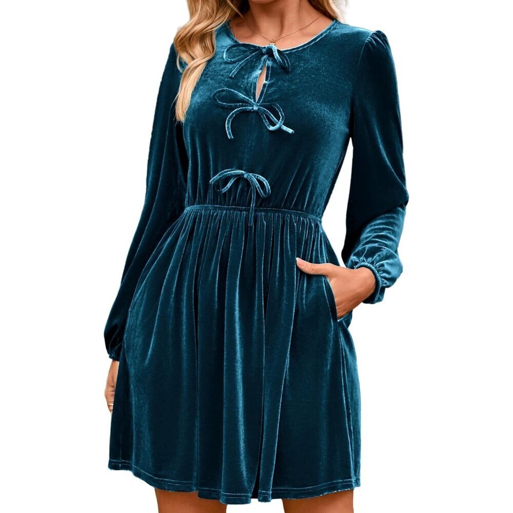 Womens Velvet Dress Long Sleeve Bow Front Knee Length Party Holiday Dress